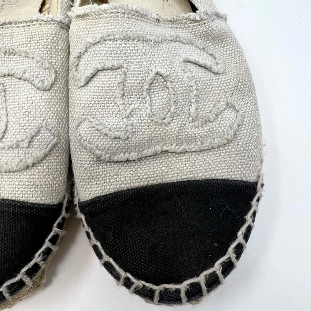 CHANEL Cloth Two-Tone Espadrilles Size 37 7 Cream and Black Designer Distressed